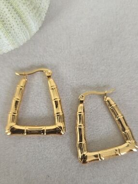 Gold Stainless Steel Trapezoid Shape Bamboo Hoop Earrings
